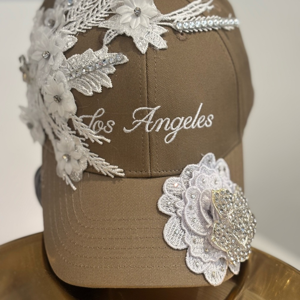 Tan Cap with White Floral Embellishments